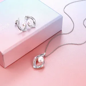 Good Quality Unique Design 925 sterling silver Pearl Necklace Earrings Set for Women