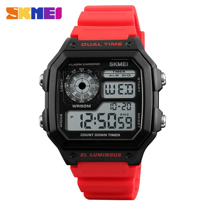 Top Fashion Men Wrist Watch Retro Square Digital Multifunction Clock Plastic 50M Waterproof Skmei 1299 Brand Dive Led Watch 2018