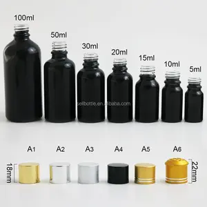 Botol Kaca Minyak Bodi Hitam Mengkilap, Wadah Tutup Sekrup Emas/Perak/Hitam 5Ml 10Ml 15Ml 20Ml 30Ml 50Ml 100Ml