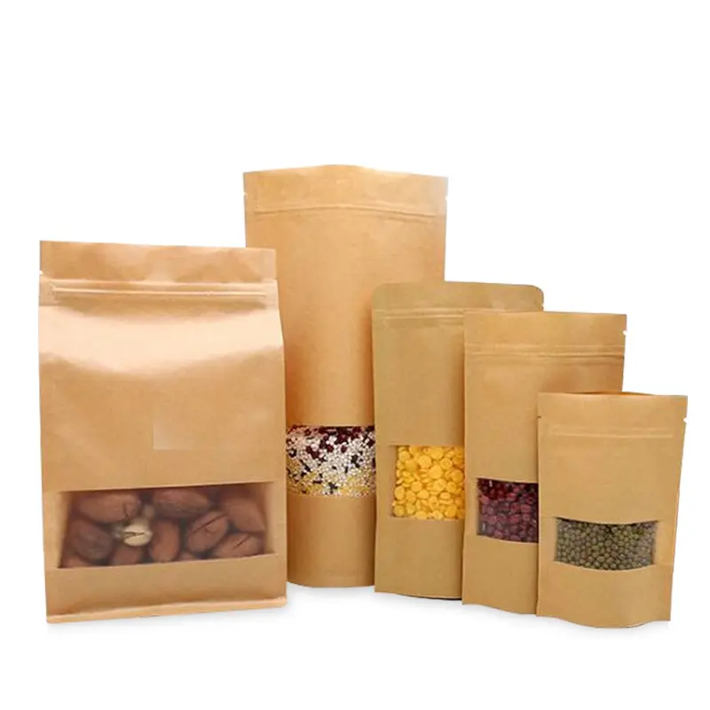 Factory Wholesale Food Grade Eco Friendly Plain Brown Kraft Paper Packaging Bag Smell Proof With Clear Window