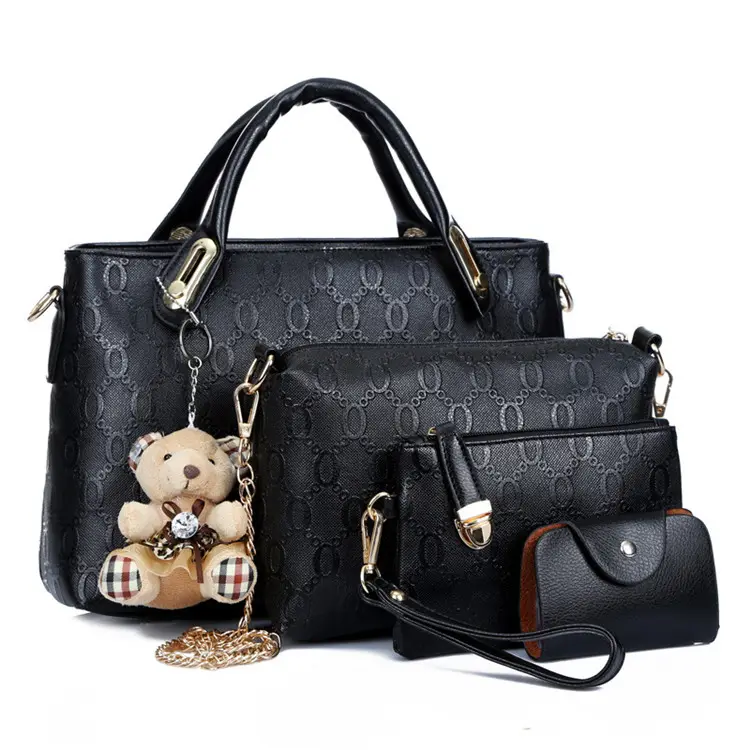 Fashion Cork Fabric Wholesale Tassel Toy Pendant Pu Leather Lady Handbag Sets Ladies Bags Designer 4 Piece Handbag Set