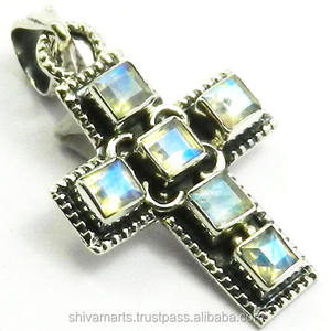 Colgante de cruz de piedra lunar arcoíris de Plata de Ley 925 sólida, joyería fina de diseño Simple con chapado en rodio, joyería mayorista - Product Image 2