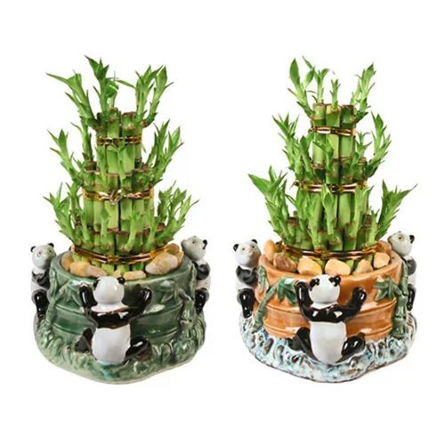 OEM ceramica vintage decorazione della casa a forma di animale carino modello panda in rilievo vaso di fiori per fioriera di bambù verde fortunato