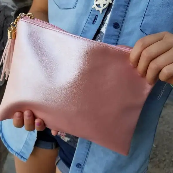 Custom Make Blank Leder Kosmetik tasche Metallic Farbe Quaste Leder Reiß verschluss tasche Clutch Bag Leder Make Up Bag