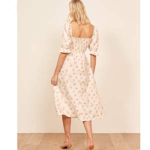 Nửa Tay Áo Cổ Điển Smocked Dress Cao Slit <span class=keywords><strong>Linen</strong></span> Hoa In Dài Áo Dài - Product Image 3