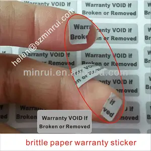Brittle paper warranty stickers,tamper proof sticker if removed will broken into tiny pieces