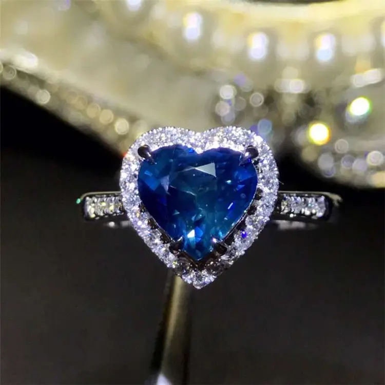 18k 골드 남아프리카 진짜 다이아몬드 스리랑카 2.37ct 자연 unheated 블루 사파이어 심장 모양 반지