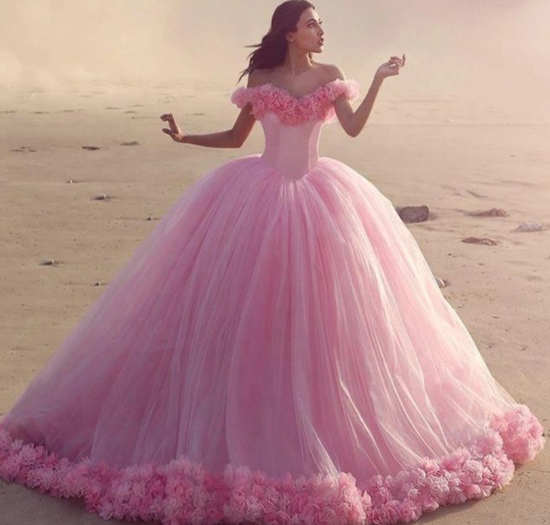 Elegant Off Shoulder Flower Bridal Ball Gown Pink Wedding Dress