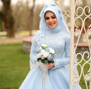 Синее мусульманское свадебное платье, кружевное бальное платье с длинным рукавом, свадебное платье в Турции, стальбум, для свадьбы, Брендовое свадебное платье
