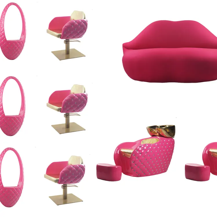 Pink hairdressing chairs salon stations shampoo bed barber shop chair fashion beauty salon furniture package