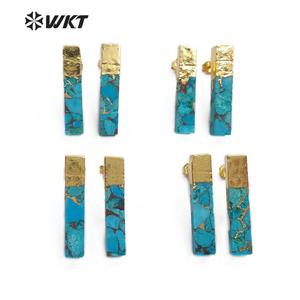 WT-E548 Natural <strong>Blue</strong> Vein Turquoises Ornaments Rectangle Shape Gemstones <strong>Earring</strong> Gold Capped <strong>Stud</strong> <strong>Earring</strong> Jewelry - Product Image 5