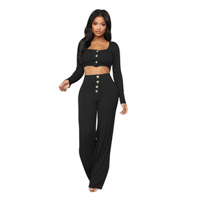 Primavera autunno Crop Top e pantaloni a gamba larga con bottone Leader manica cardiografia strisce verticali spalline sottili due pezzi EJZ517