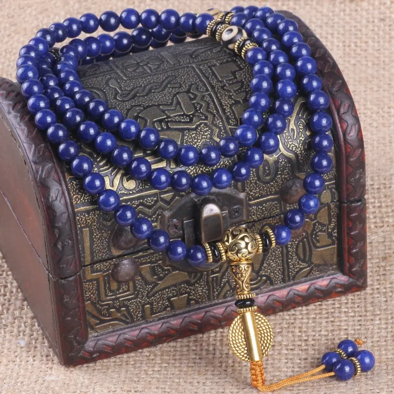 J1738 Vintage Blue Stone Armband Tibetan Buddhist Mala 108 Perlen Lapislazuli Rosenkranz Armband