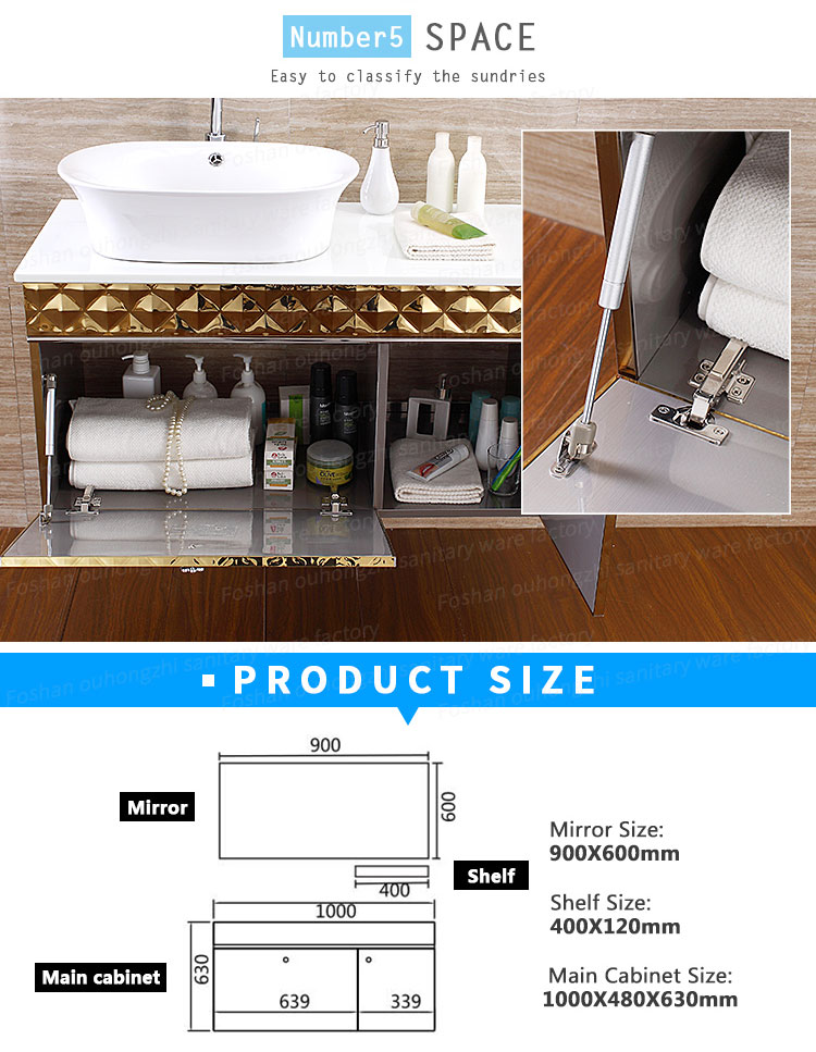 Luxury Royal Classic Gold Bathroom Waterproof Make Up Vanity Cabinet Units with Marble Countertop Single Sink for Home Furniture