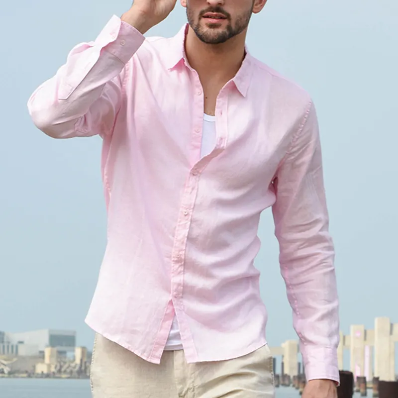 Bospoke Men's Slim Fit Rolled Sleeve 100% Linen Pink Dress Shirt