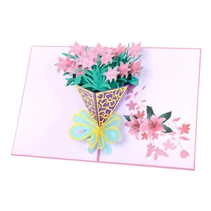 Venta al por mayor tarjeta de felicitación de aniversario hecho a mano-Tarjeta de felicitación Floral Pop up, flor 3D, para boda, cumpleaños, aniversario