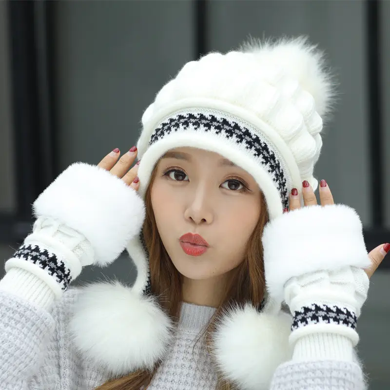 h106 Ladies Fur Pom Pom Knitted Winter Hat Earflap Crochet Beanie