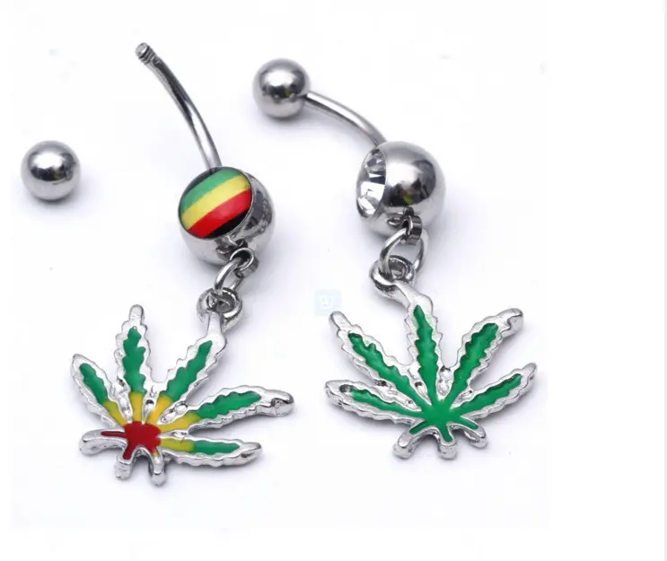 VRIUA Green Maple Leaf Belly Button Ring Leaves Herb Pendant Belly Button Piercing Body Jewelry Surgical Steel Bar