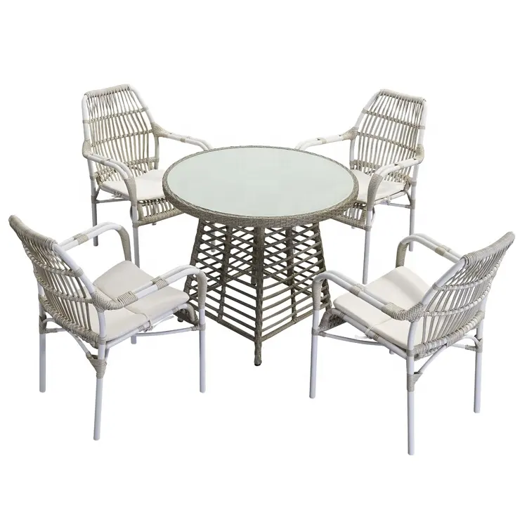 Branco Pátio Jardim Outdoor mobiliário Rattan Round Dining Alumínio 4 Seat Set Restaurant Table Chair