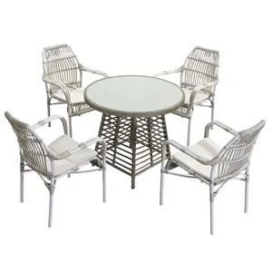 Witte Patio Tuin Tuinmeubilair Rotan Ronde Dineren Aluminium 4 Zits Set Restaurant Tafelstoel