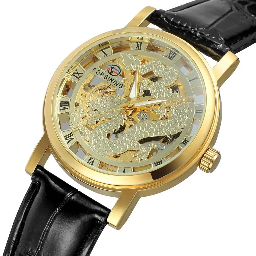 Relojes Chinos Baratos Factory Skeleton Forsining Retro Mini Hand Watches Fashion Leather Strap Dragon Male Mechanical Watch