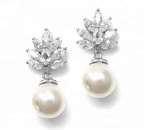 Custom luxury Jewelry modern pearl dangle cubic zirconia wedding high quality bridal earring