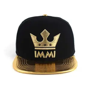 Custom 3D Embroidery Logo Wholesale Gorra Blank Men Leather Gold Metallic Thread Plain Flat Bill Snapback Hat Cap