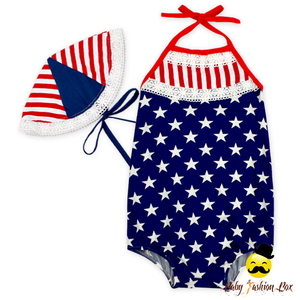 Robe Conception Enfants 4ème De Juillet Marine Étoile Rouge Rayé Dentelle Halter Infantile Bébé Fille Vintage Barboteuse - Product Image 6