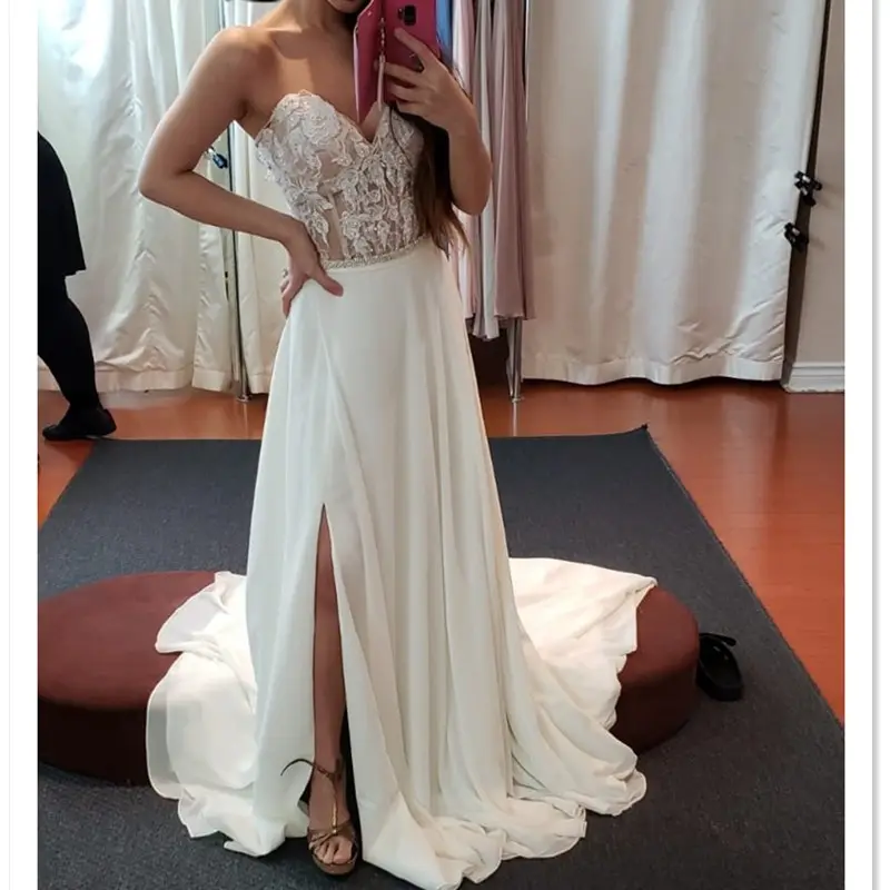2019 Berta whole sale sweet heart decote lace apliques de cristal vestido de noiva corpete saia de chiffon vestidos de casamento