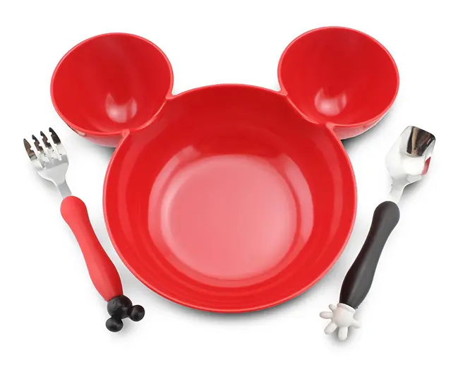 Niños de plástico Mickey Mouse cabeza en forma de plástico libre de BPA tazón de acero <span class=keywords><strong>inoxidable</strong></span> con cuchara y tenedor (rojo)