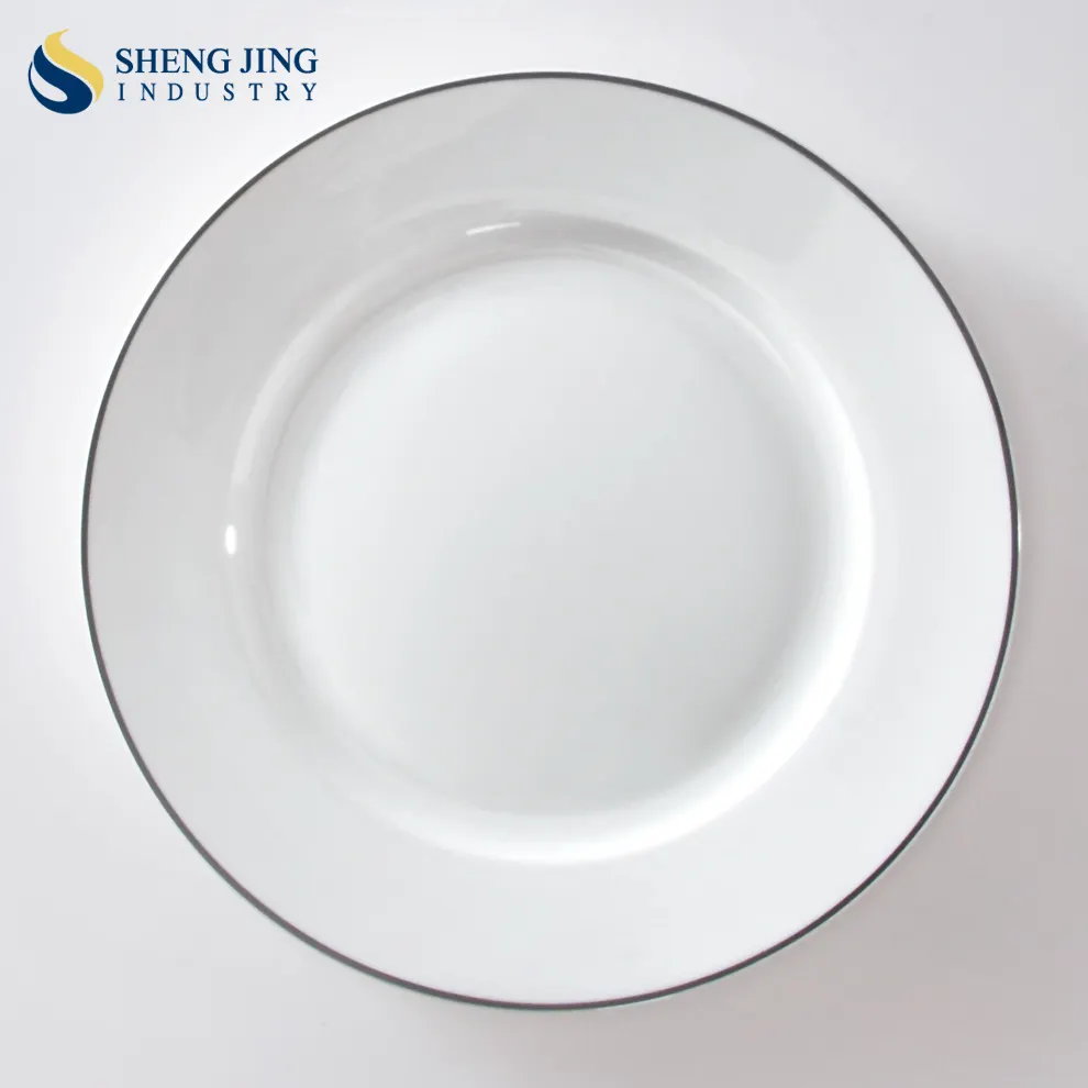 Flat White Porcelain Dinner Set 8 9 10 polegadas Placas Brancas Assiette Porcelaine Blanc Com Black Rim