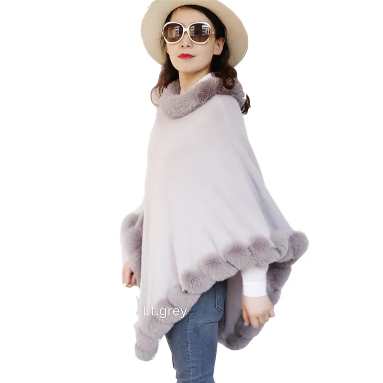 Fashion Style Solid Color Knit Winter Poncho Round Neck Poncho With Faux Fur Trim For Ladies