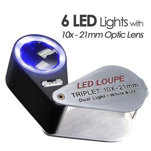 Vente en gros 10x <span class=keywords><strong>Loupe</strong></span> de bijoux en diamant avec lumière UV LED Loupes en métal et plastique Lentille en verre dans une poche d'emballage en cuir - Product Image 4