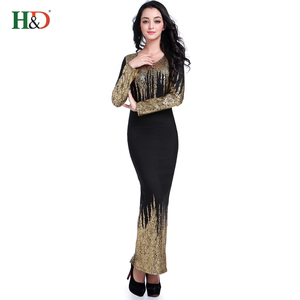 H & D china fabricante oem odm fábrica amarillo lentejuelas manga larga vestido último diseño de falda larga - Product Image 4