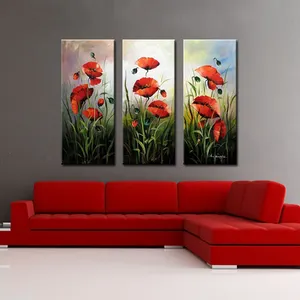 Room Decoration 3 Panel Canvas Wall Art Group Modern Oil Painting with Red flowers Subject