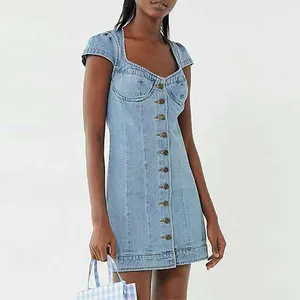 Gaun Denim Kasual Sundress Wanita, Gaun Musim Panas dengan Lengan untuk Wanita