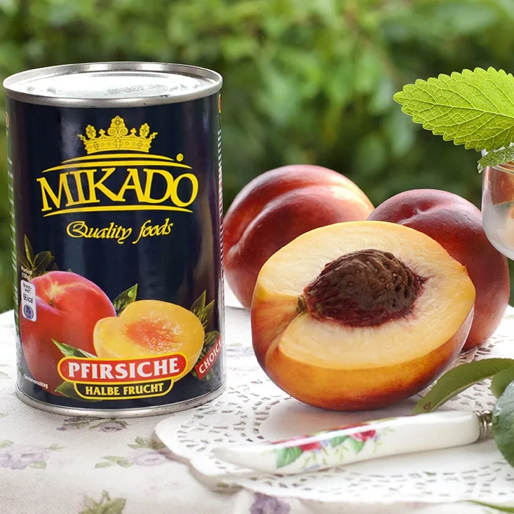 Tanaman Baru Merek Mikado Buah Kaleng Kaleng Bagian Persik Kuning Dalam Sirup Dalam Jus Pir Di PJ