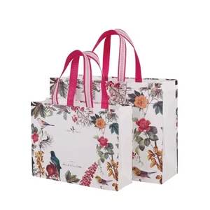 Stock Non Woven White Bags With Flower And Birds Printing For Cloth Shop