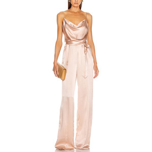 De satén sin mangas cintura corbata Oficina casual mujer <span class=keywords><strong>mono</strong></span> de una sola pieza con pantalones largos - Product Image 1