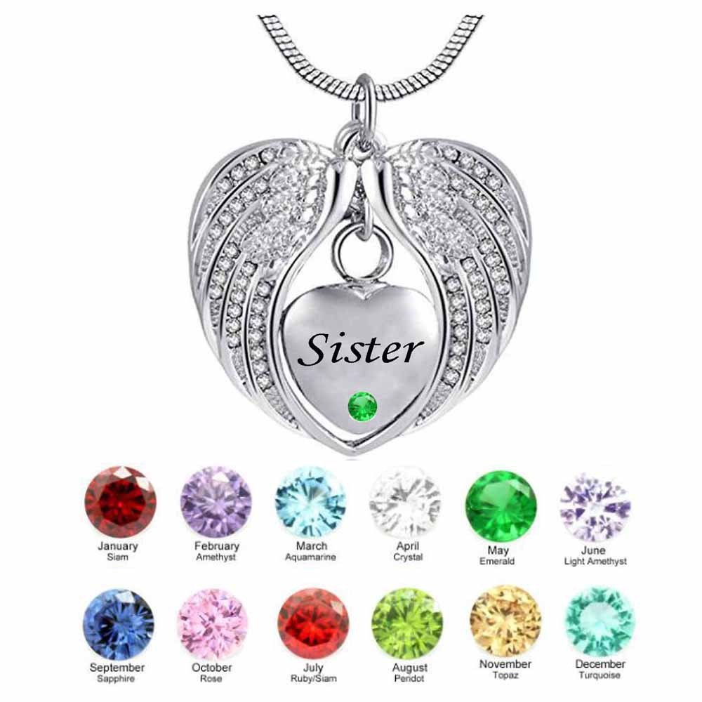 Cremation Jewelry Necklace For Ashes - Angel Wing & Birthstone Pendant, Memorial Keepsake For Sister