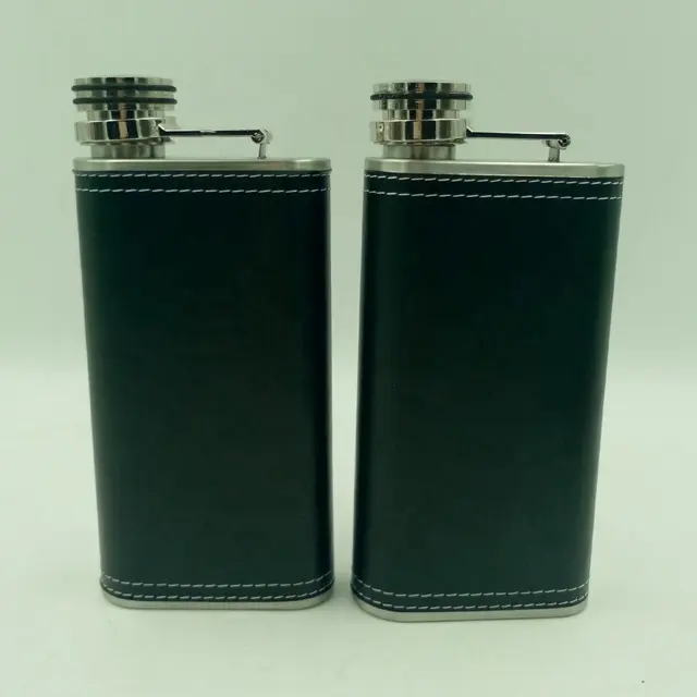 9OZ Black Leather Wrapped Stainless Steel Mini Hip Flask With Mirror Copper Lid