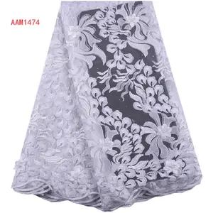 High Quality Pure White African Tulle Lace Fabric With Beautiful Beads 3D Flower Pattern Design French Net Lace For Wedding