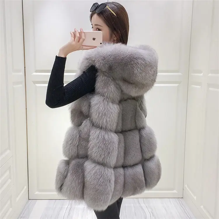 Hot sale winter ladies thick warm fur vest women long style hooded faux fox fur vest