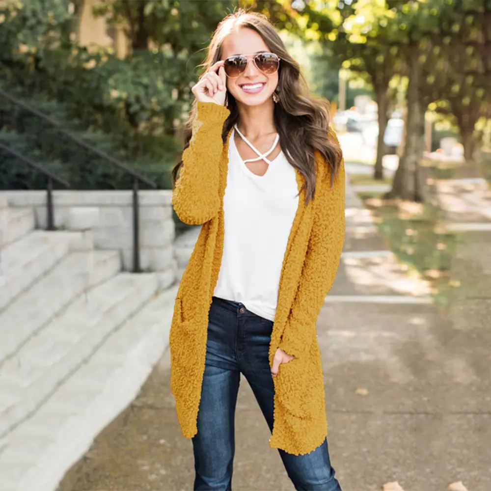 Hot Selling Autumn Winter Long Sleeve Stylish Knitted Girls Cardigan Sweater with Pocket