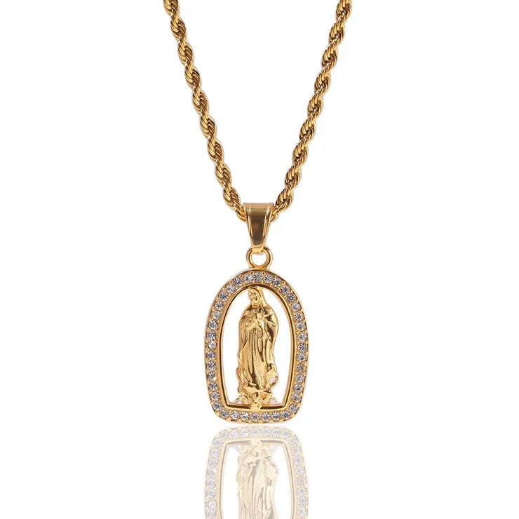 HipHop zinc alloy crystal iced out guadalupe pendant gold plated virgin mary necklace