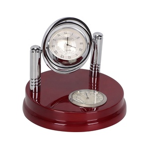 Swiveling Round Wood Base <strong>Globe</strong> <strong>Desk</strong> <strong>Clock</strong> with Thermometer - Product Image 2