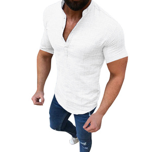 Nuovi Uomini di Estate del Cotone di Modo di <span class=keywords><strong>Lino</strong></span> Camicia Button-down Manica Corta Collare Del Mandarino Vestiti di Colore Solido Casuale Top - Product Image 5