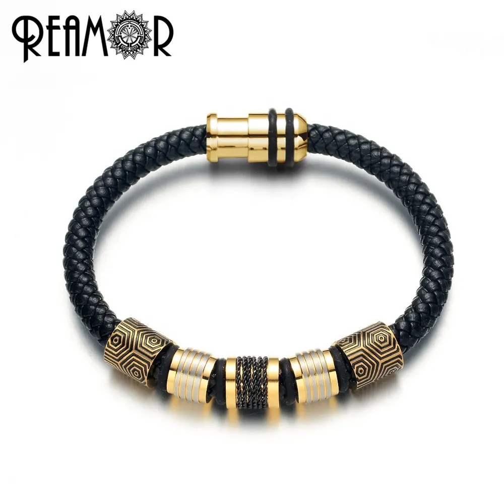 REAMOR Black Chain Jewelry Genuine Leather Bracelet Men Jewelry Stainless steel Gold Beads Magnetic Clasp Vintage Male Bangle
