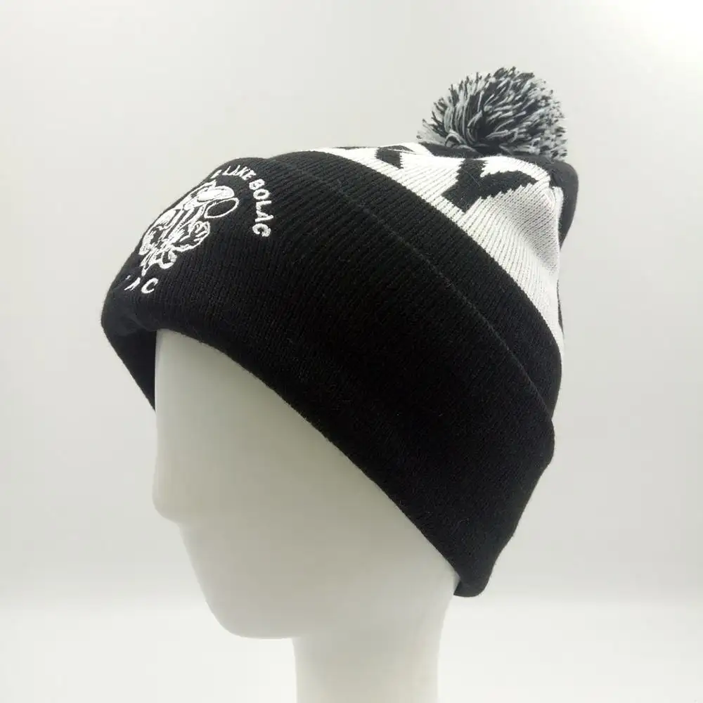 hot sale jacquard embroidery acrylic knitted beanie with pom ball