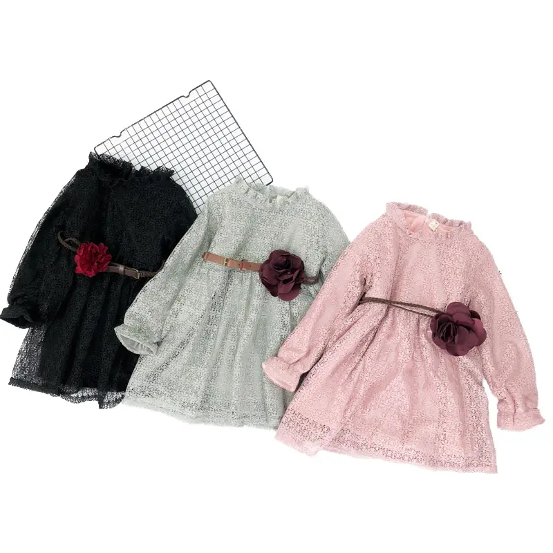 Wholesale Baby Girl Lace Rose Belt Hollow Out Velvet Dress